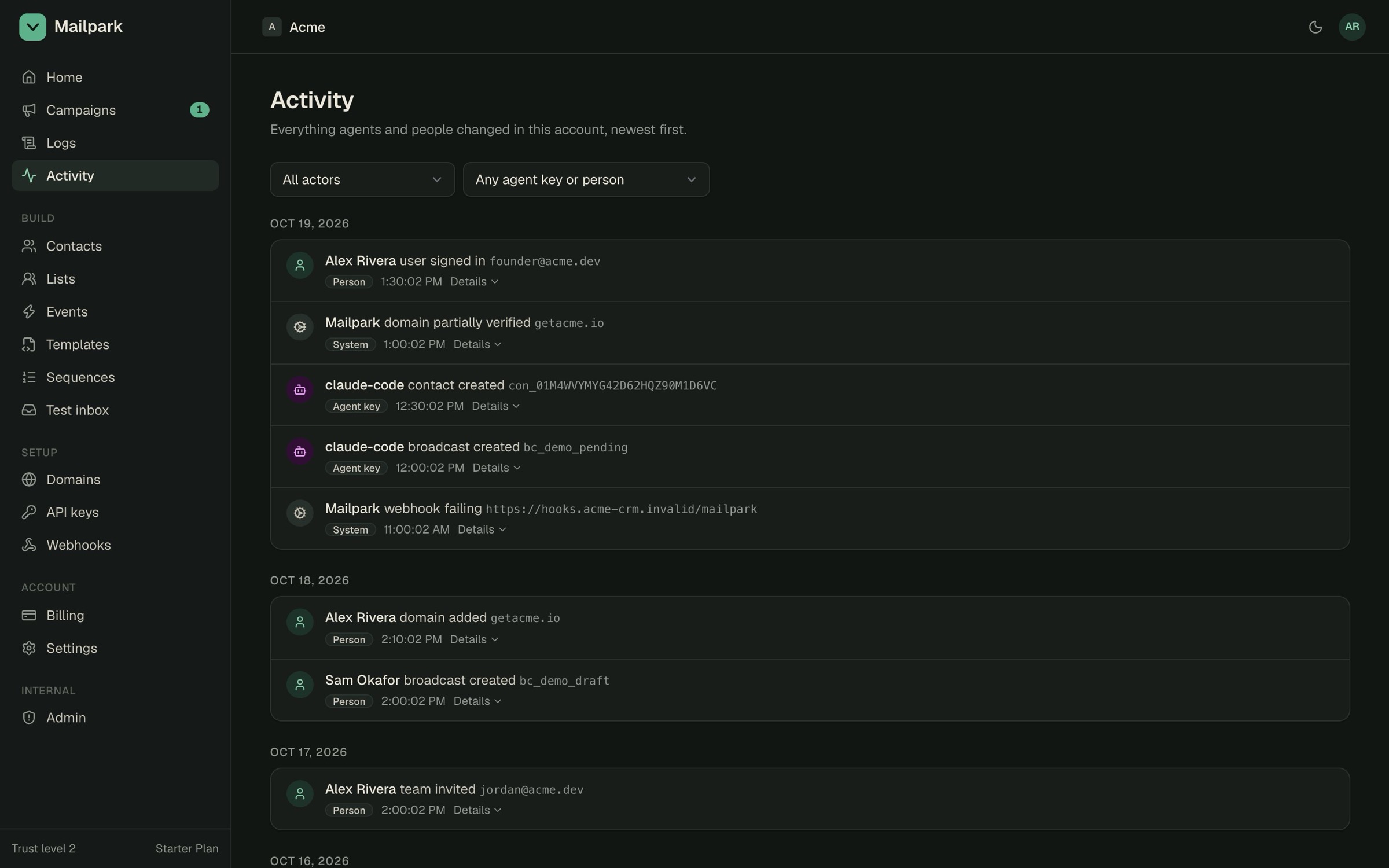 The activity log, listing changes by people, the system and the claude-code agent key