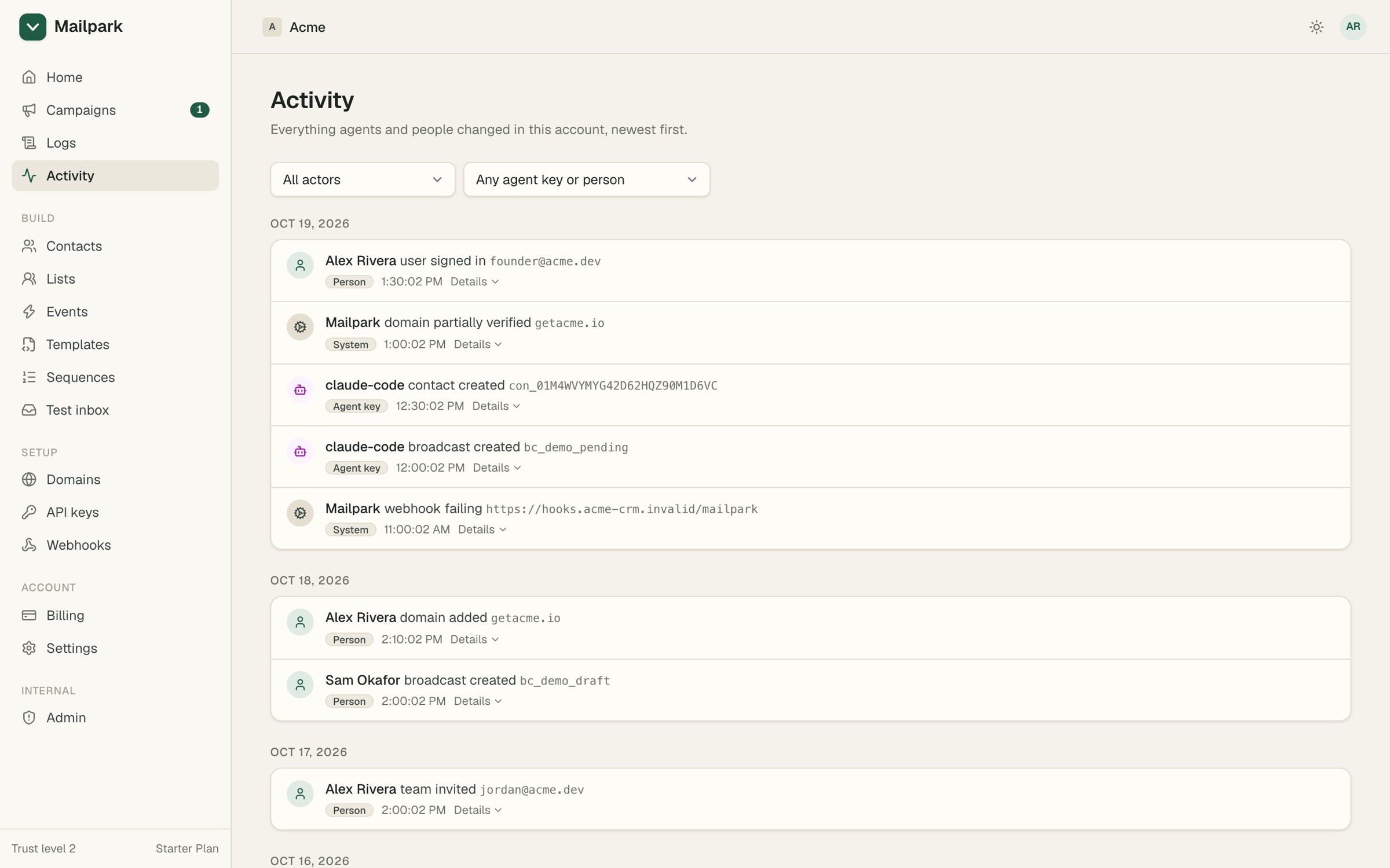 The activity log, listing changes by people, the system and the claude-code agent key
