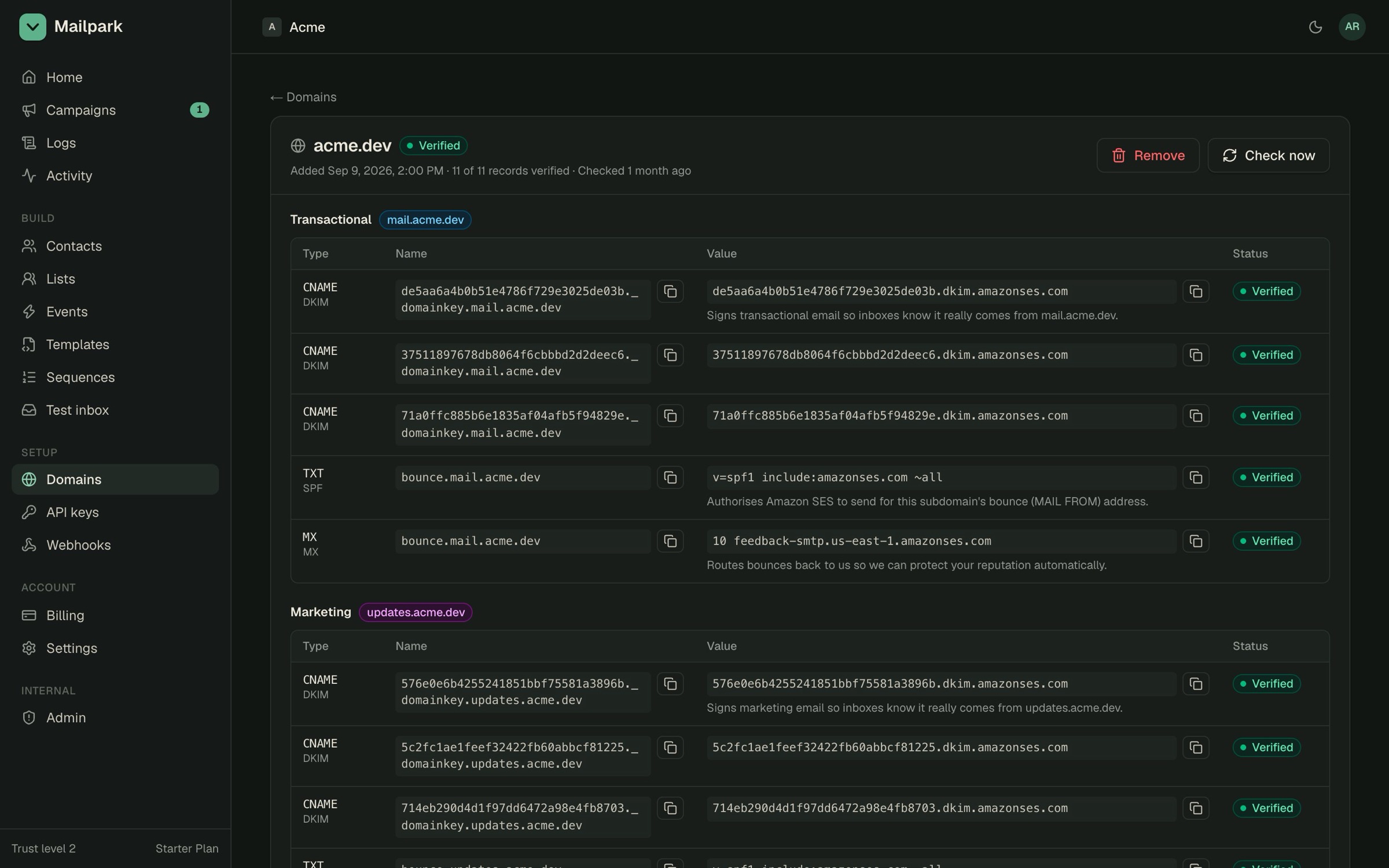 The DNS records for acme.dev, split into the transactional and marketing subdomains, each verified