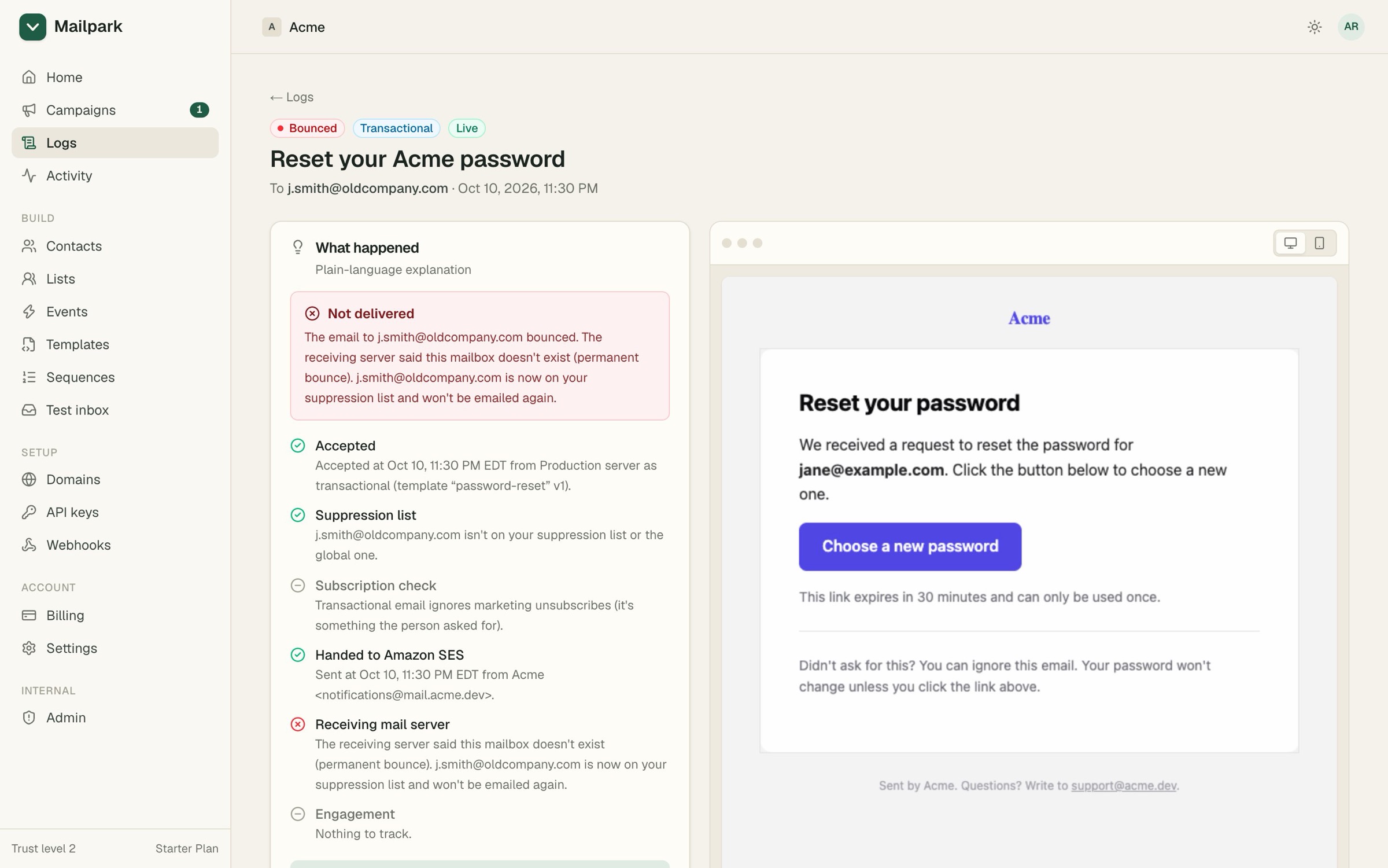 A bounced password reset in the logs, with a plain-language explanation of each delivery stage next to the rendered email