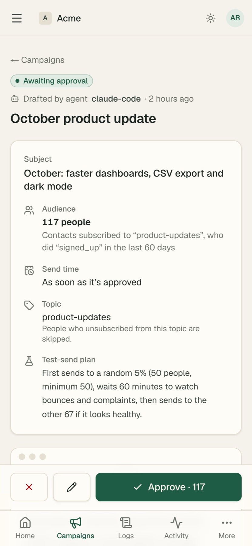 The same approval on a phone, with the Approve button at the bottom
