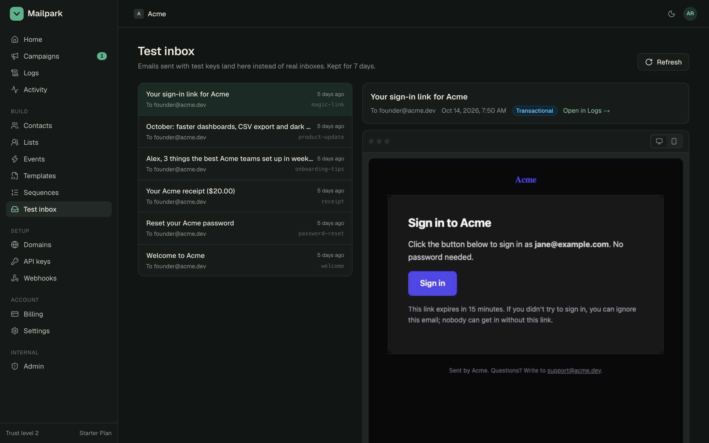 A magic-link email in the test inbox, dark mode