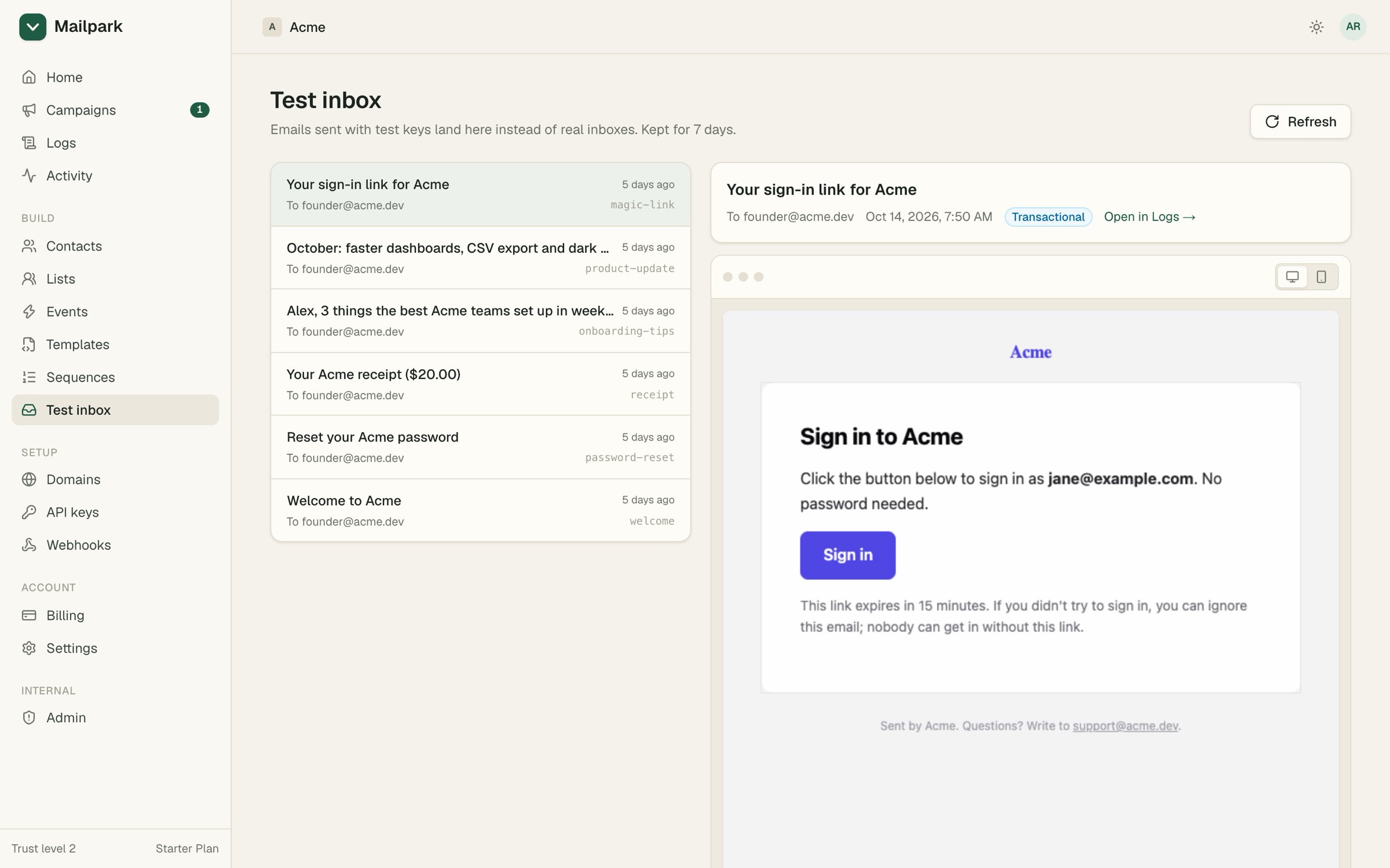 A magic-link email in the test inbox, light mode